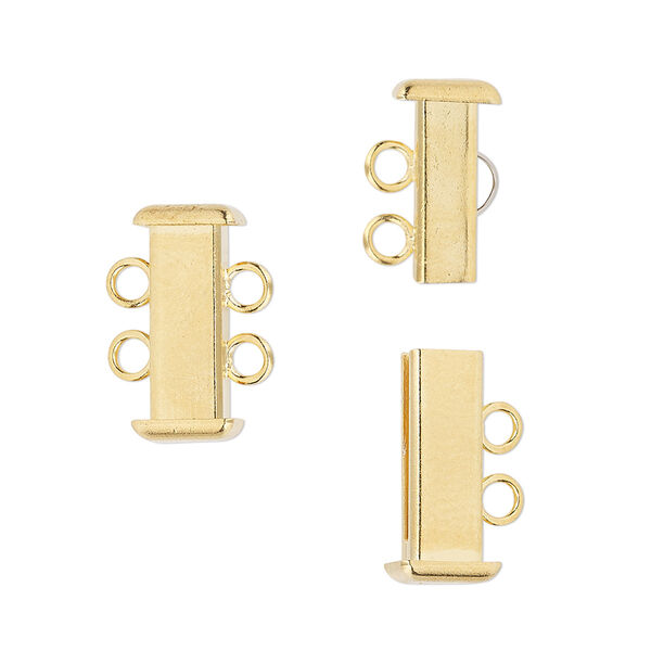 Clasp, 2-strand slide lock, gold-plated brass, 16x7mm rectangle tube. Sold per pkg of 4. image number 0