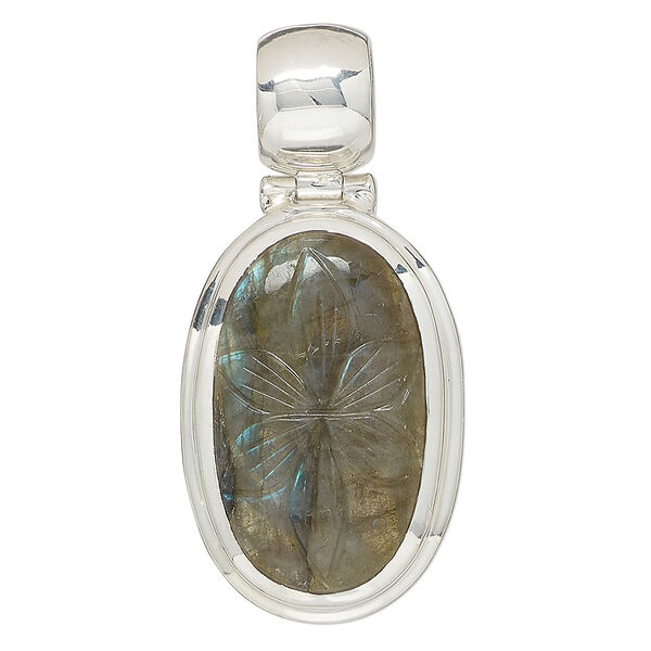 Pendant, labradorite (natural) and sterling silver, 38x24mm-42x29mm oval with carved flower. Sold individually. image number 0