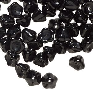 Czech pressed glass 1pkg80, flower bead opaque jet black 8.5x6.5mm