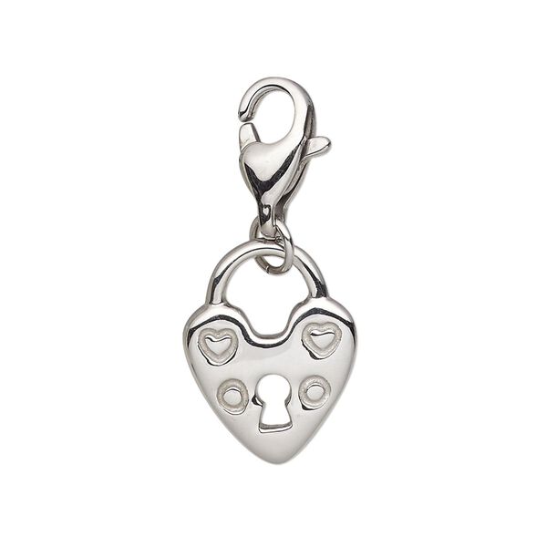Charm, stainless steel, 18x14mm double-sided shiny heart lock with keyhole cutout and lobster claw clasp. Sold individually. image number 0