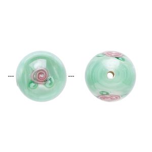 Bead, Czech glass, green with flowers, 12mm round. Sold per pkg of 4.