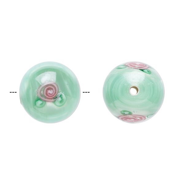 Bead, Czech glass, green with flowers, 12mm round. Sold per pkg of 4. image number 0