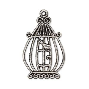 Focal, antiqued silver-finished "pewter" (zinc-based alloy), 31x21mm single-sided bird in cage. Sold per pkg of 4.