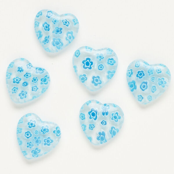 Bead, millefiori glass, clear / translucent sky blue / white, 17-19mm half-drilled puffed heart. Sold per pkg of 6. image number 0