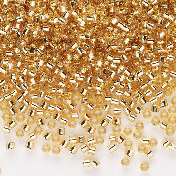Seed bead, Delica®, glass, pkg/7.5g, #10 round, transparent silver-lined gold (DBM-0042). image number 0