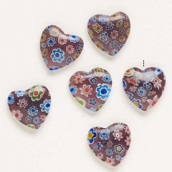 Bead, millefiori glass, translucent purple and multicolored, 17-20mm half-drilled puffed heart. Sold per pkg of 6. image number 0