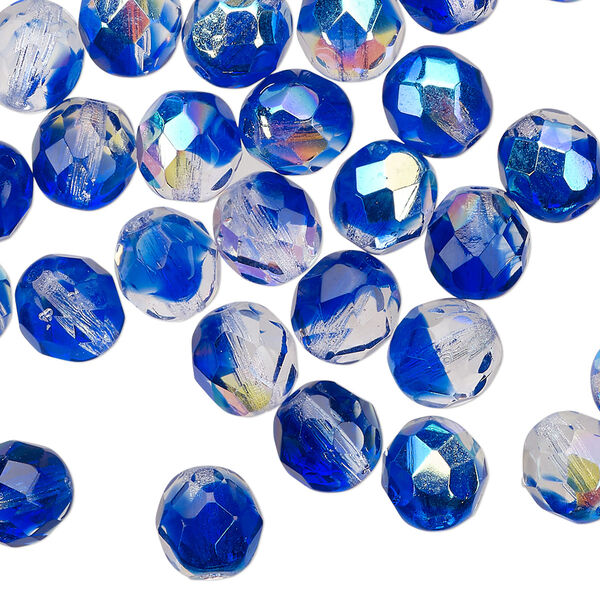 Bead, Czech fire-polished glass, two-tone, crystal/dark blue AB, 8mm faceted round. Sold per 15-1/2" to 16" strand. image number 0