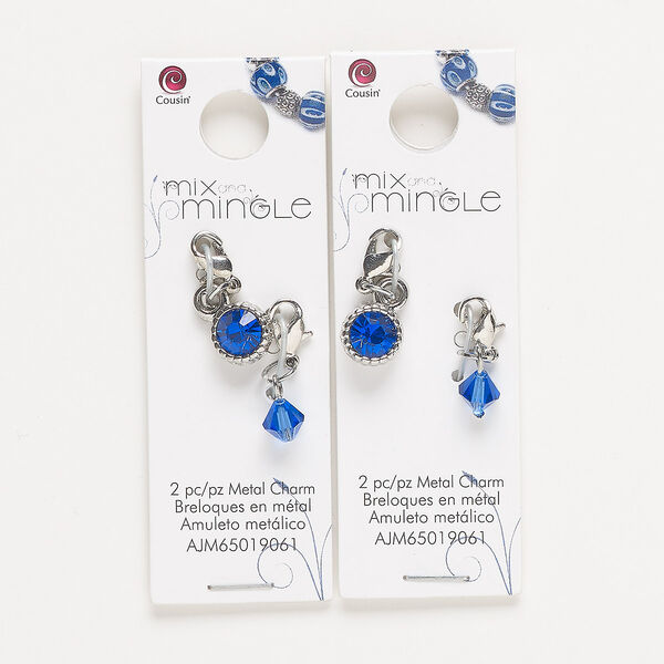 Drop, silver-finished "pewter" (zinc-based alloy) / steel / glass, blue, 22x7mm single-sided and 24x9mm single-sided with lobster claw clasp. Sold per pkg of (2) 2-piece sets. image number 0
