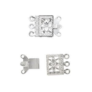Clasp tab 1pkg10, 10x7mm filigree square, silver-finished brass 3-strand
