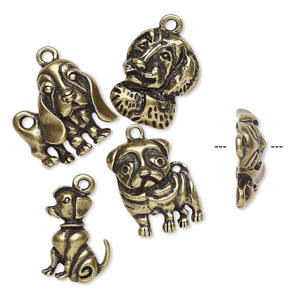 Charm, antique brass-finished "pewter" (zinc-based alloy), 19x12mm-20x19mm single-sided assorted dog. Sold per 4-piece set. image number 0