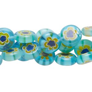 Bead, millefiori glass, translucent multicolored, 10-11mm puffed flat round. Sold per (3) 14-inch strands.