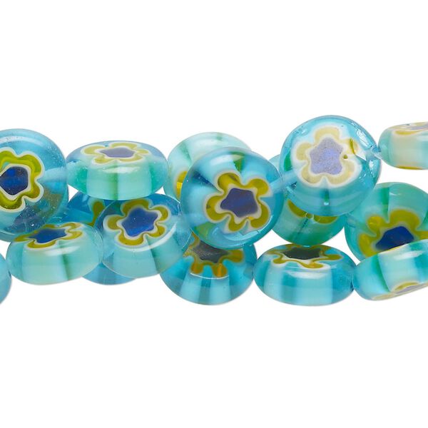 Bead, millefiori glass, translucent multicolored, 10-11mm puffed flat round. Sold per (3) 14-inch strands. image number 0