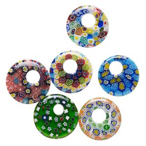 Component, millefiori glass, translucent multicolored, 24-26mm go-go with flower, star and tree design. Sold per pkg of 6.