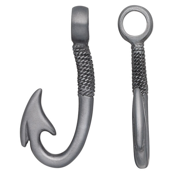 Pendant, Almost Jewelry™, "pewter" (zinc-based alloy), 44x18mm hook with rope design. Sold individually. image number 0