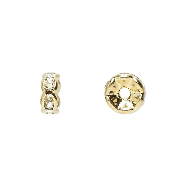 Bead, glass rhinestone and gold-finished brass, clear, 8x4mm rondelle. Sold per pkg of 10. image number 0