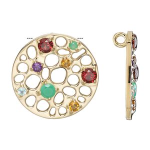 Drop, multi-gemstone (natural / dyed / heated) and gold-finished sterling silver, multicolored, 25mm single-sided flat round with hidden loop. Sold individually.