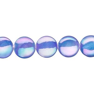 Bead, mother-of-pearl shell (dyed / coated), medium blue, 10mm flat round. Sold per 15-inch strand.