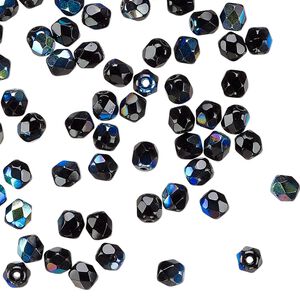 Czech fire-polished glass 1pkg120, faceted round bead opaque jet AB 4mm