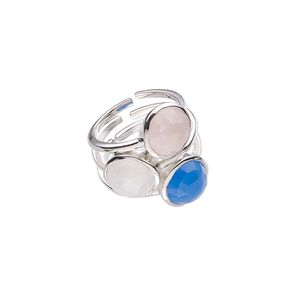 Ring, sterling silver / rainbow moonstone / blue chalcedony (natural / dyed), 24.5mm wide, size 8. Sold individually.
