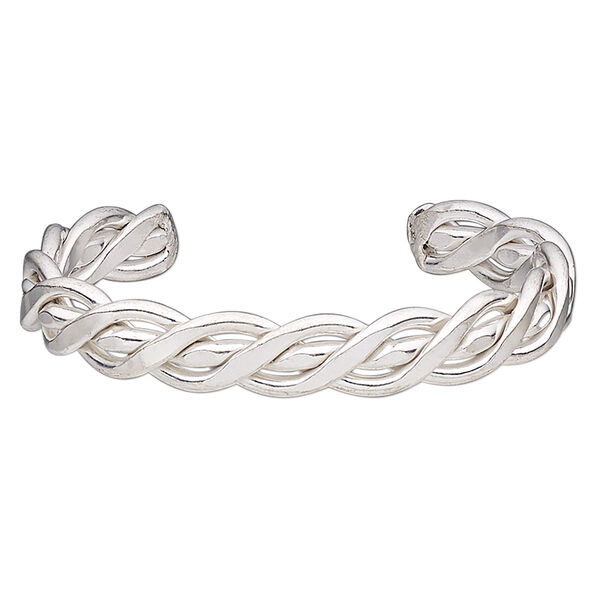 Bracelet, cuff, silver-finished brass, 12mm wide with braided design, 8 inches. Sold individually. image number 0