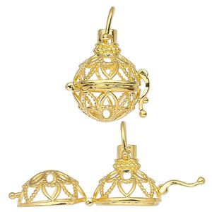Drop, gold-finished brass, 24x18.5mm round bead cage with fancy cutout design and safety latch, fits 14mm round bead. Sold individually.