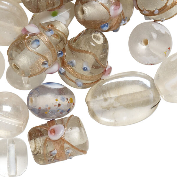Bead mix, lampworked glass, crystal and white with fancy finish, 7x4mm-14x11mm mixed shapes. Sold per pkg of 100-grams, approximately 60-100 beads. image number 0