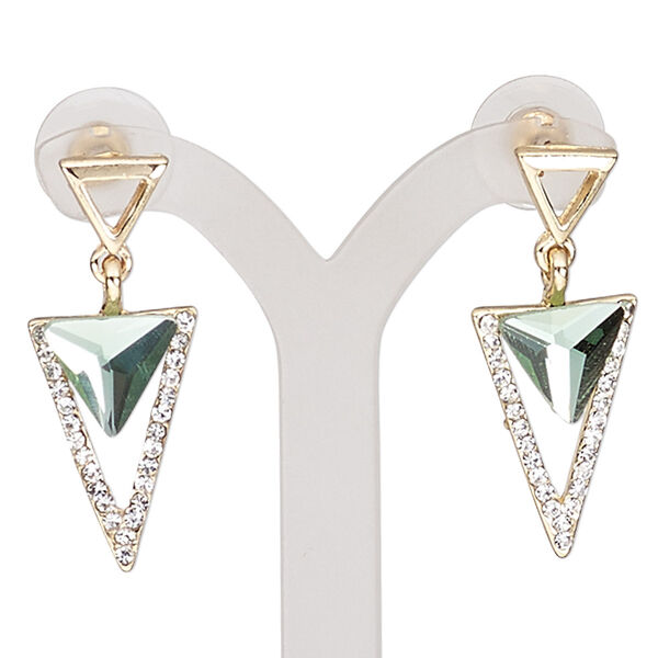 Earring, glass / glass rhinestone / stainless steel / gold-finished "pewter" (zinc-based alloy), green and clear, 34.5mm with triangle and post. Sold per pair. image number 0