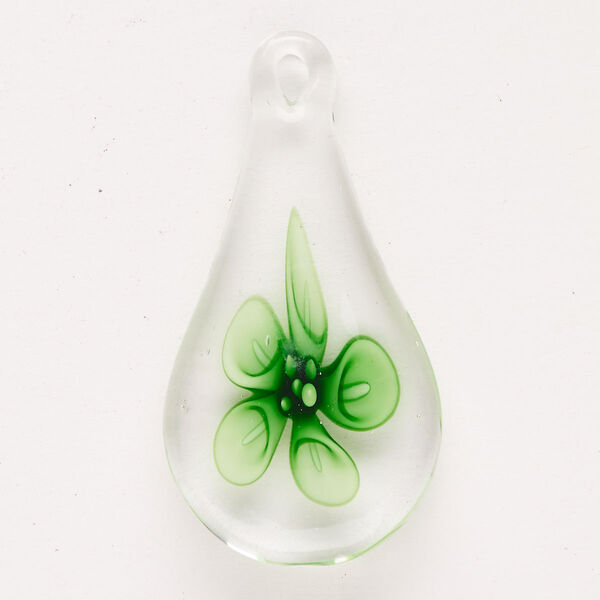 Focal, lampworked glass, pkg/1, green, dark green and clear, 58x30mm-60x31mm top-drilled teardrop with flower. image number 0