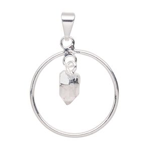 Pendant, Everyday Jewelry, silver-plated brass and quartz crystal (natural), 30x25mm-32x27mm open round. Sold individually.