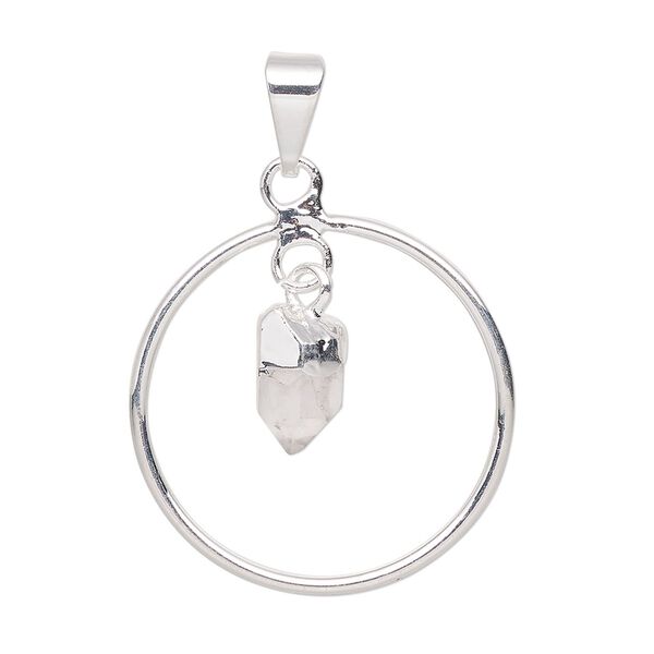 Pendant, Everyday Jewelry, silver-plated brass and quartz crystal (natural), 30x25mm-32x27mm open round. Sold individually. image number 0