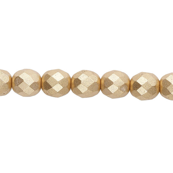 Bead, Czech fire-polished glass, opaque satin gold, 8mm faceted round. Sold per 15-1/2" to 16" strand, approximately 50 beads. image number 0
