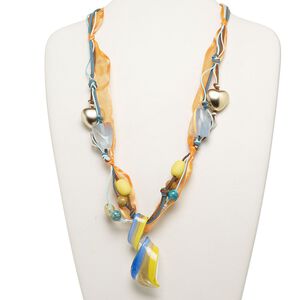 Necklace, glass and acrylic, multicolored, 74x31mm swirled focal with mixed size and shape accent beads, 27-inch cotton waxed cord/velveteen cord/leather ribbon with 2-inch steel extender and lobster claw clasp. Sold individually.