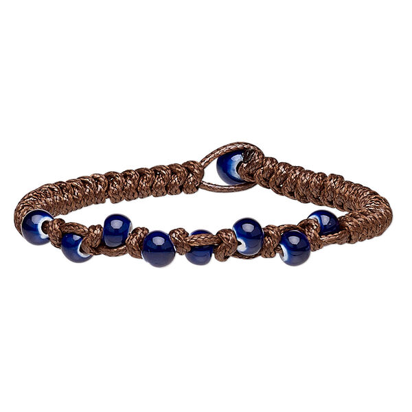 Bracelet, porcelain and waxed cotton cord, brown and blue, 8mm wide with 6mm round and macramé design, 7 inches with button clasp. Sold individually. image number 0