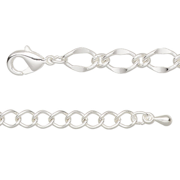 Chain, silver-finished brass and steel, 6mm long and short oval, 7-1/2 inches with 2-inch extender chain and lobster claw clasp. Sold individually. image number 0