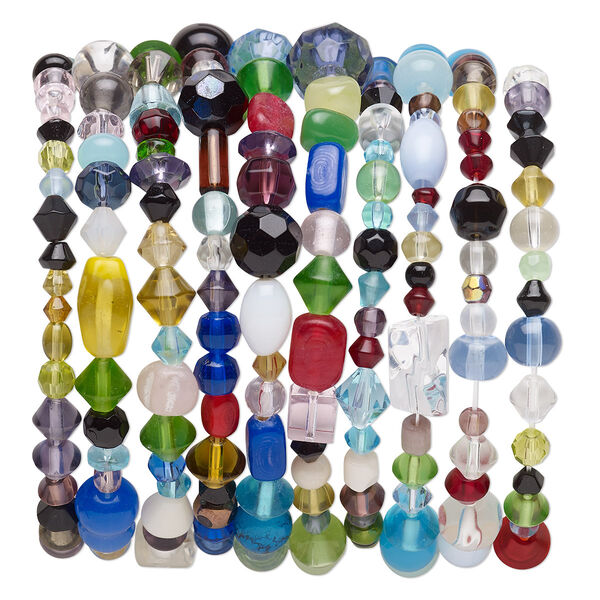 Bracelet mix, glass, opaque to transparent mixed colors, 3-10mm wide, 6 inches. Sold per pkg of 10. image number 0
