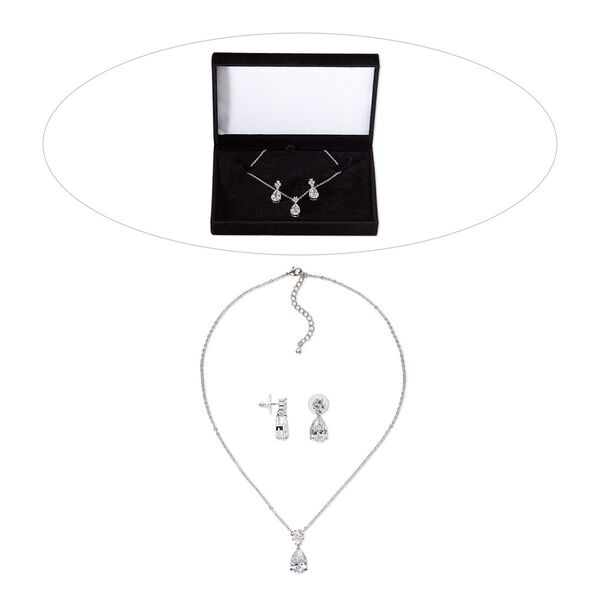 Necklace and earring set, cubic zirconia / stainless steel / rhodium-finished brass, clear, 22mm dangle, 15" to 16" necklace with 2-inch extender chain and lobster claw clasp, 24mm earrings with post. Sold per set. image number 0