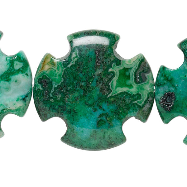 Bead, crazy lace agate (dyed), green, 30x30mm puffed cross, B grade, Mohs hardness 6-1/2 to 7. Sold per 8-inch strand, approximately 5 beads. image number 0