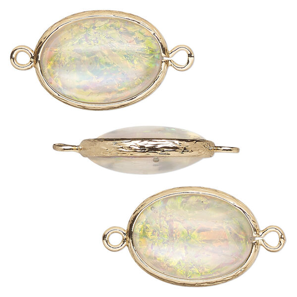 Link, Opalized Ice™, "opal" (resin) and gold-finished brass, white, 20x15mm double-sided oval. Sold per pkg of 4. image number 0