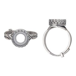 Ring, JBB Findings, antique silver-plated brass, 12mm wide with decorative trim and 10mm round bezel setting, adjustable from size 8-11. Sold individually.
