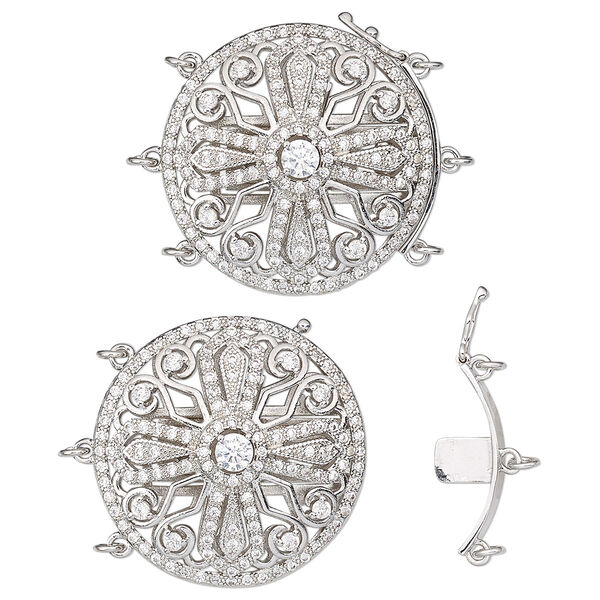 Clasp, 3-strand tab with safety, cubic zirconia and rhodium-plated brass, clear, 29mm domed fancy round with 6 jump rings. Sold individually. image number 0