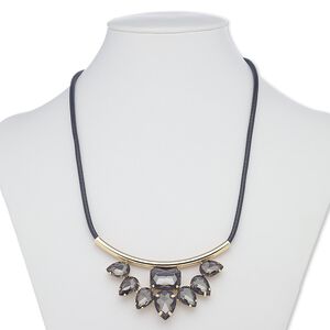 Necklace, acrylic / imitation leather / gold-finished steel / "pewter" (zinc-based alloy), black and grey, 2-3/4 x 1-1/4 inches with teardrop, 18 inches with 2-inch extender chain and lobster claw clasp. Sold individually.