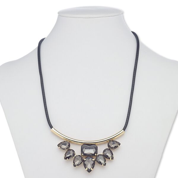 Necklace, acrylic / imitation leather / gold-finished steel / "pewter" (zinc-based alloy), black and grey, 2-3/4 x 1-1/4 inches with teardrop, 18 inches with 2-inch extender chain and lobster claw clasp. Sold individually. image number 0
