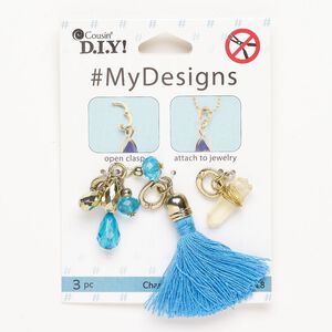 Drop 1pkg3 steel / brass / acrylic, mixed sizes / mixed shapes / hinged bail, assortment antique gold finish / blue