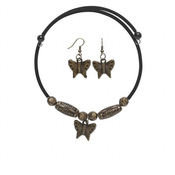 Necklace and earring set, acrylic / velveteen / steel memory wire, black and antique brass, 23x21mm butterfly, adjustable 16- to 18-inch choker-style necklace, 1-1/2 inch earrings with fishhook ear wire. Sold per set. image number 0