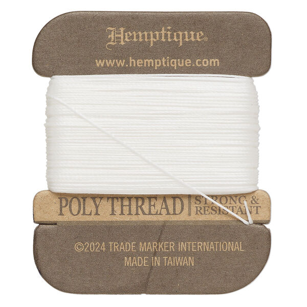 Thread, Hemptique®, polyester, pkg/32 yards, white, 0.45mm 3-ply round. image number 0