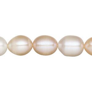 Pearl, White Lotus&trade;, cultured freshwater (bleached), white / peach / mauve, 9-10mm rice, C grade, Mohs hardness 2-1/2 to 4. Sold per 15-1/2" to 16" strand.