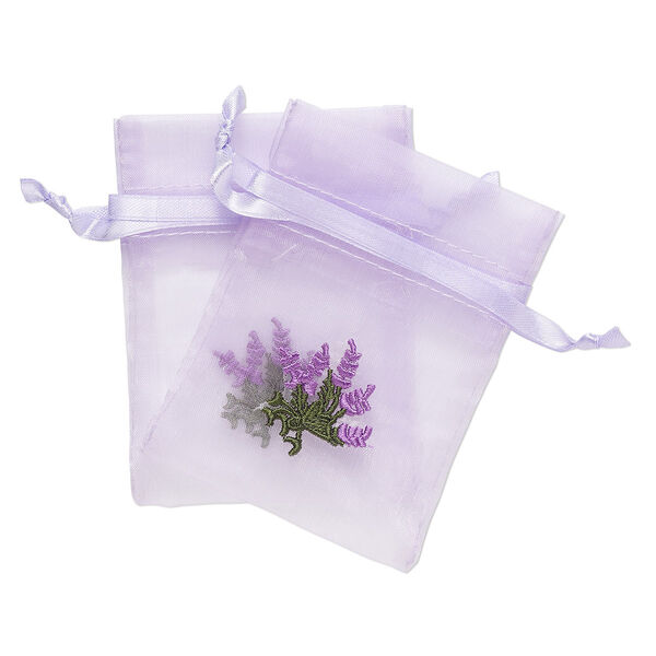 Pouch, satin and organza, purple and green, 4x3-inch rectangle with embroidered lavender and drawstring closure. Sold per pkg of 2. image number 0