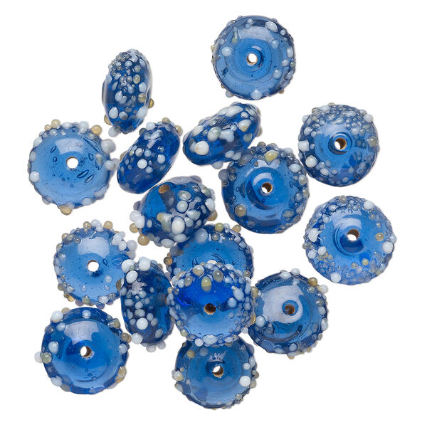 Bead, lampworked glass, translucent blue and white, 16x8mm bumpy rondelle. Sold per pkg of 16. image number 0