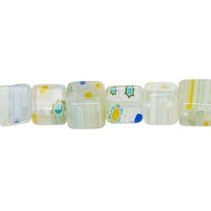 Bead, millefiori glass, clear and multicolored, 7-9mm cube with flower, sunburst and stripe design. Sold per 14-inch strand approximately 50 beads.