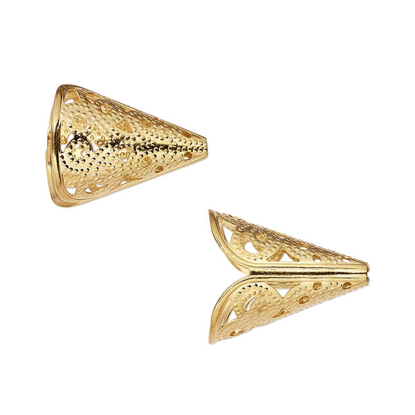 Cone, gold-finished brass, 17x14mm filigree with 11mm inside diameter. Sold per pkg of 12. image number 0